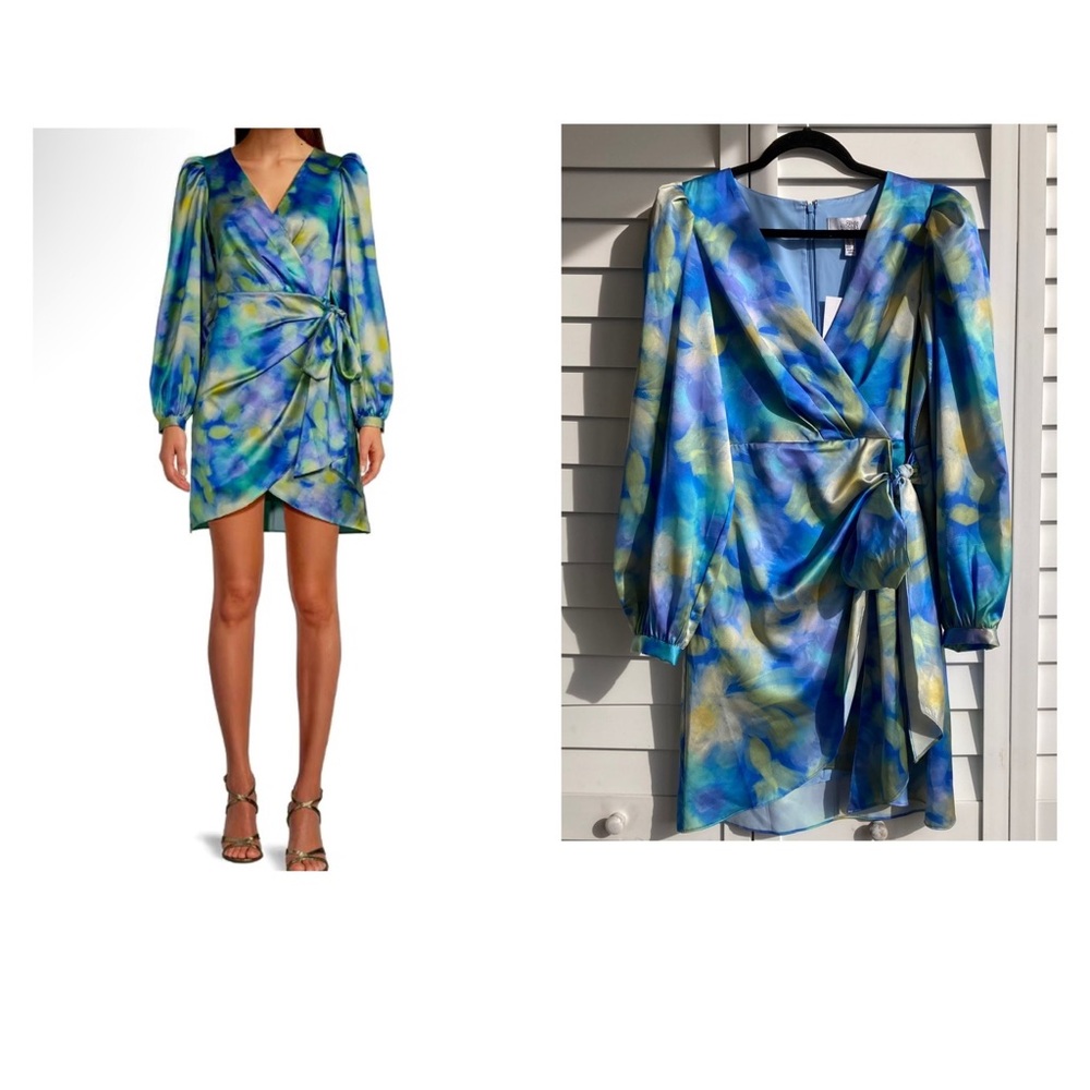 Belle by Badgley Mischka Lola Satin Jacquard Wrap Dress Blue Multi Sz10 NWT
